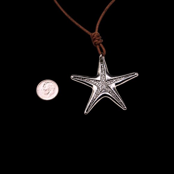 Large Starfish Pendant on Hand Knotted Soft Brown Leather Cord Necklace - Picture 4 of 7